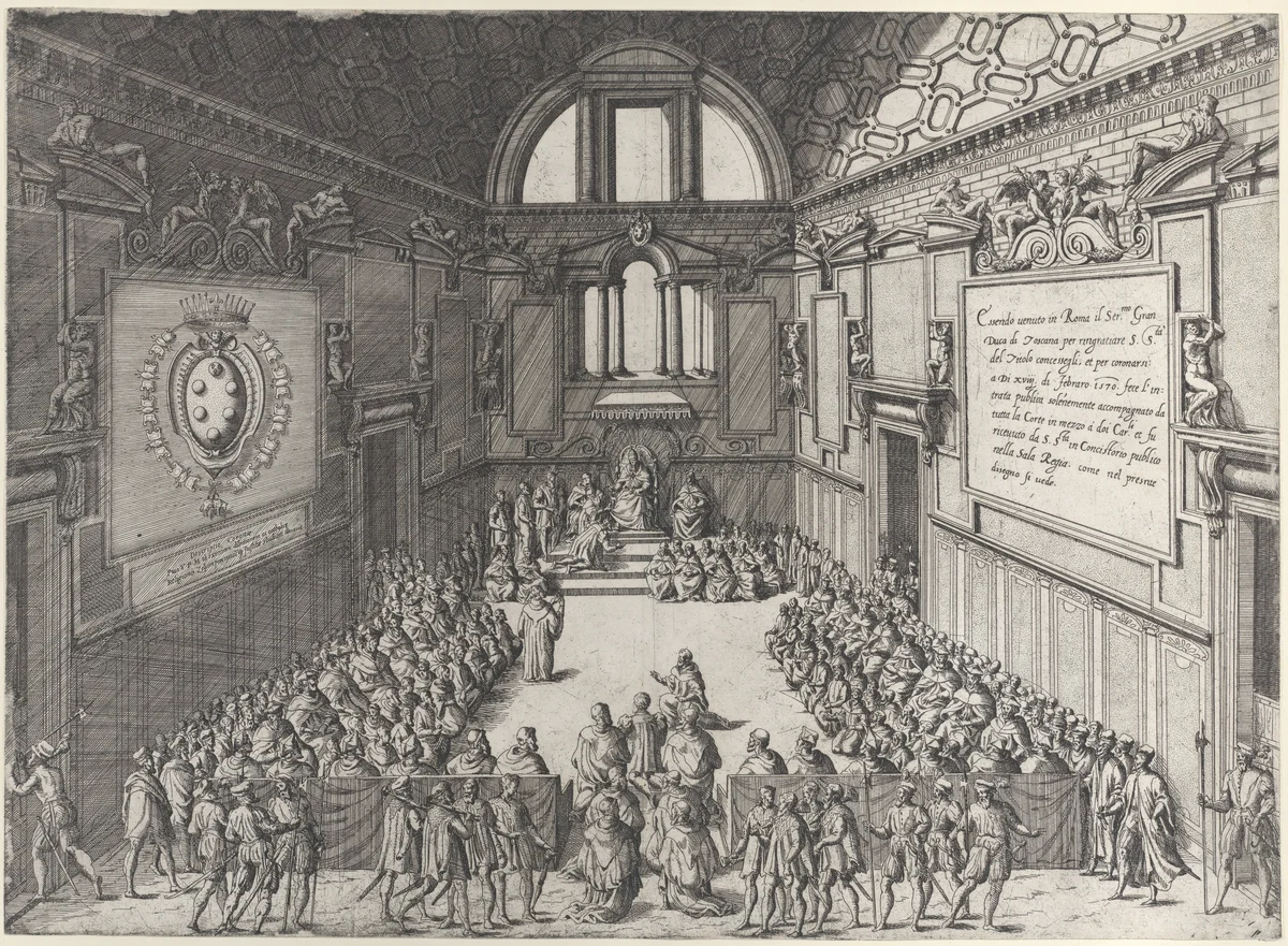 Audience given by Pope Pius V to Cosimo I, Duke of Tuscany by Giovanni Ambrogio Brambilla, print, 1575-1599