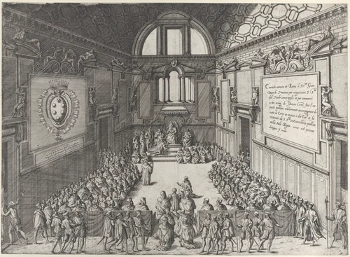 Audience given by Pope Pius V to Cosimo I, Duke of Tuscany by Giovanni Ambrogio Brambilla, print, 1575-1599