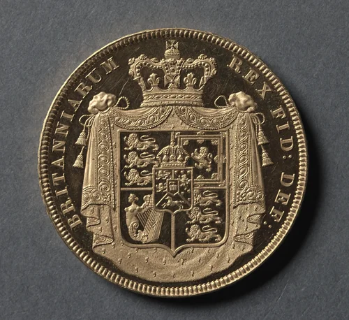 Five Pound Piece: Crowned and Heavily Mantled Shield of Arms (reverse) by Jean Baptiste Merlen, metalwork, 1826