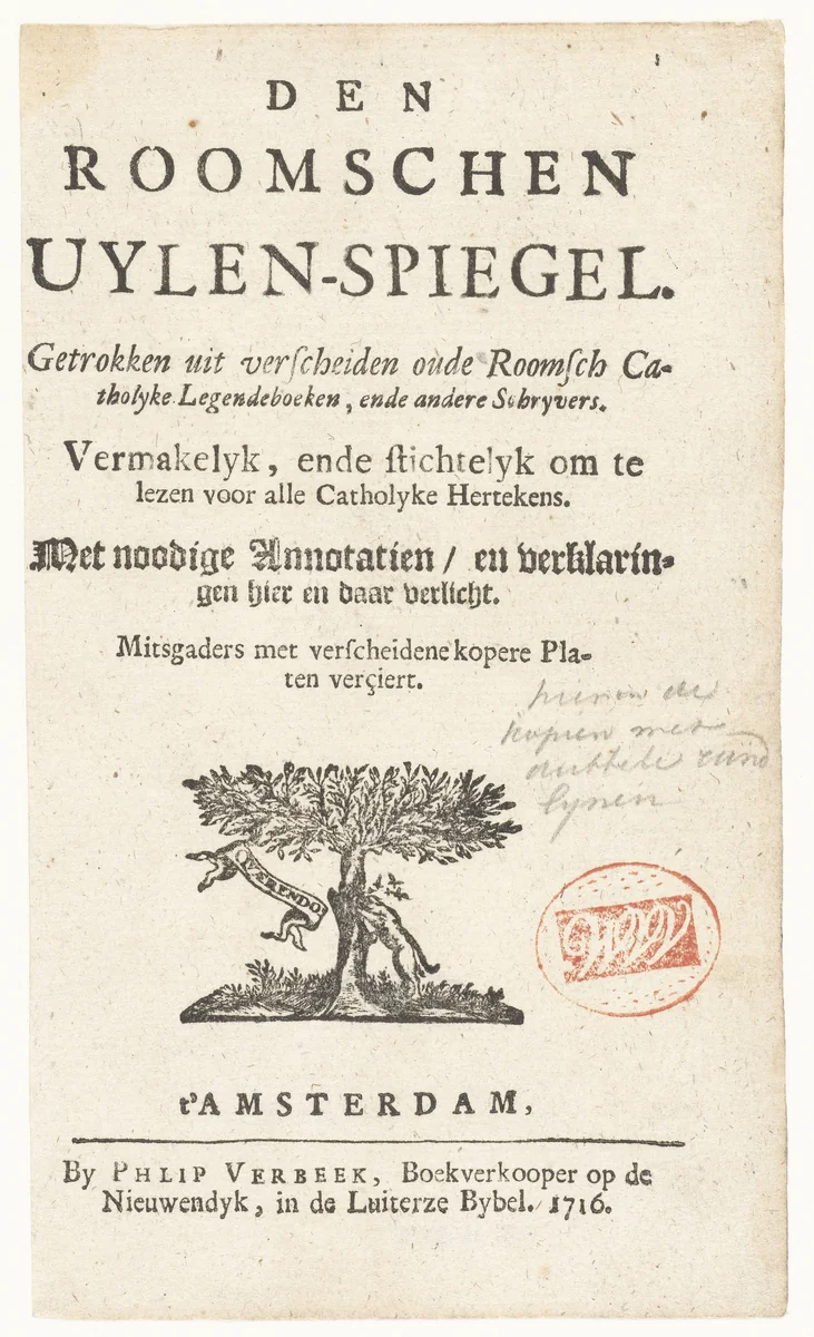 Titelblad van De Roomse Uilenspiegel by anonymous, book, 1716