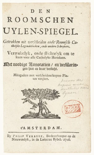 Titelblad van De Roomse Uilenspiegel by anonymous, book, 1716