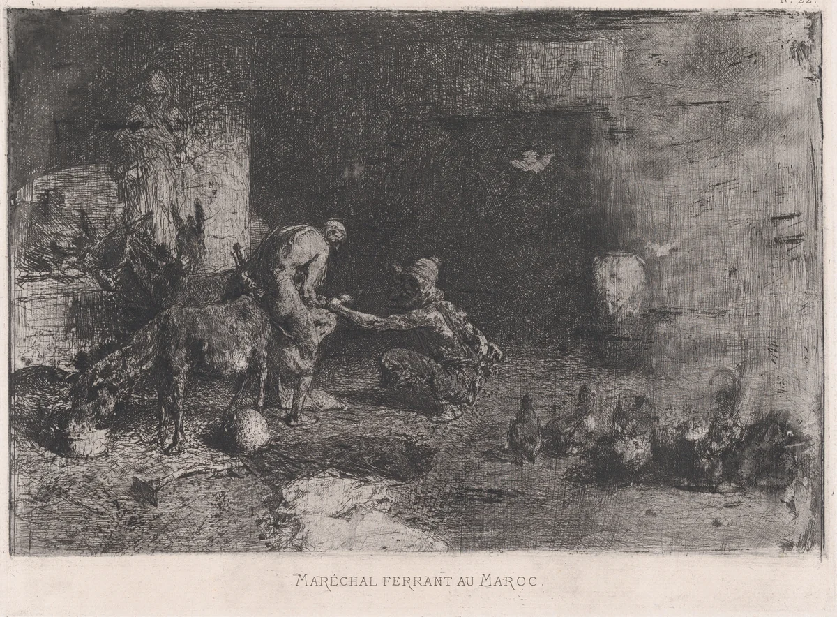 A Morrocan farrier at left accompanied by another figure attending to the hoof of a mule by Mariano Fortuny, print, 1860-1870