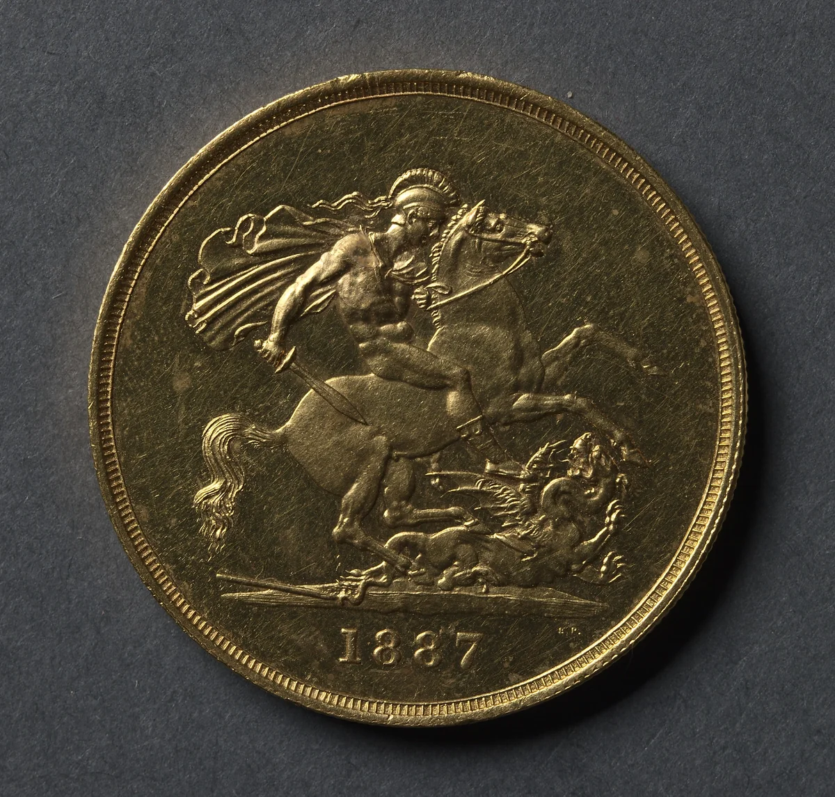 Five Pound Piece: St. George and the Dragon (reverse) by Benedetto Pistrucci, metalwork, 1887