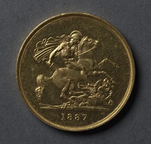 Five Pound Piece: St. George and the Dragon (reverse) by Benedetto Pistrucci, metalwork, 1887