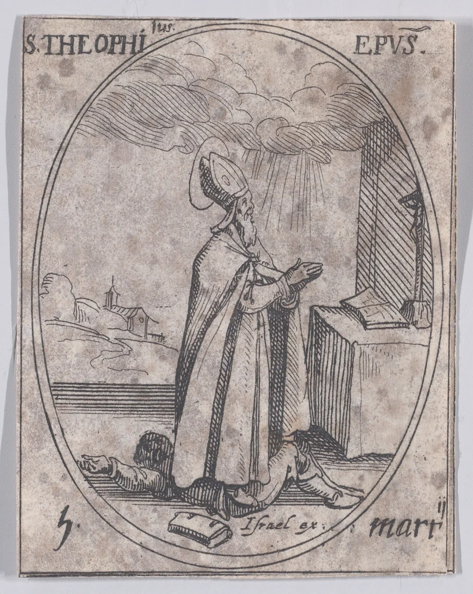 S. Théophile, évêque (St. Theophilus, Bishop), March 5th, from "Les Images De Tous Les Saincts et Saintes de L'Année" (Images of All of the Saints and Religious Events of the Year) by Jacques Callot, print, 1636