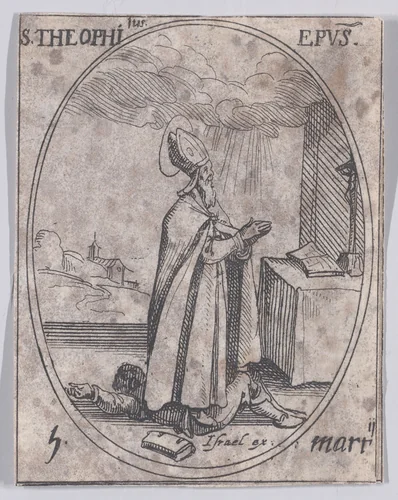 S. Théophile, évêque (St. Theophilus, Bishop), March 5th, from "Les Images De Tous Les Saincts et Saintes de L'Année" (Images of All of the Saints and Religious Events of the Year) by Jacques Callot, print, 1636