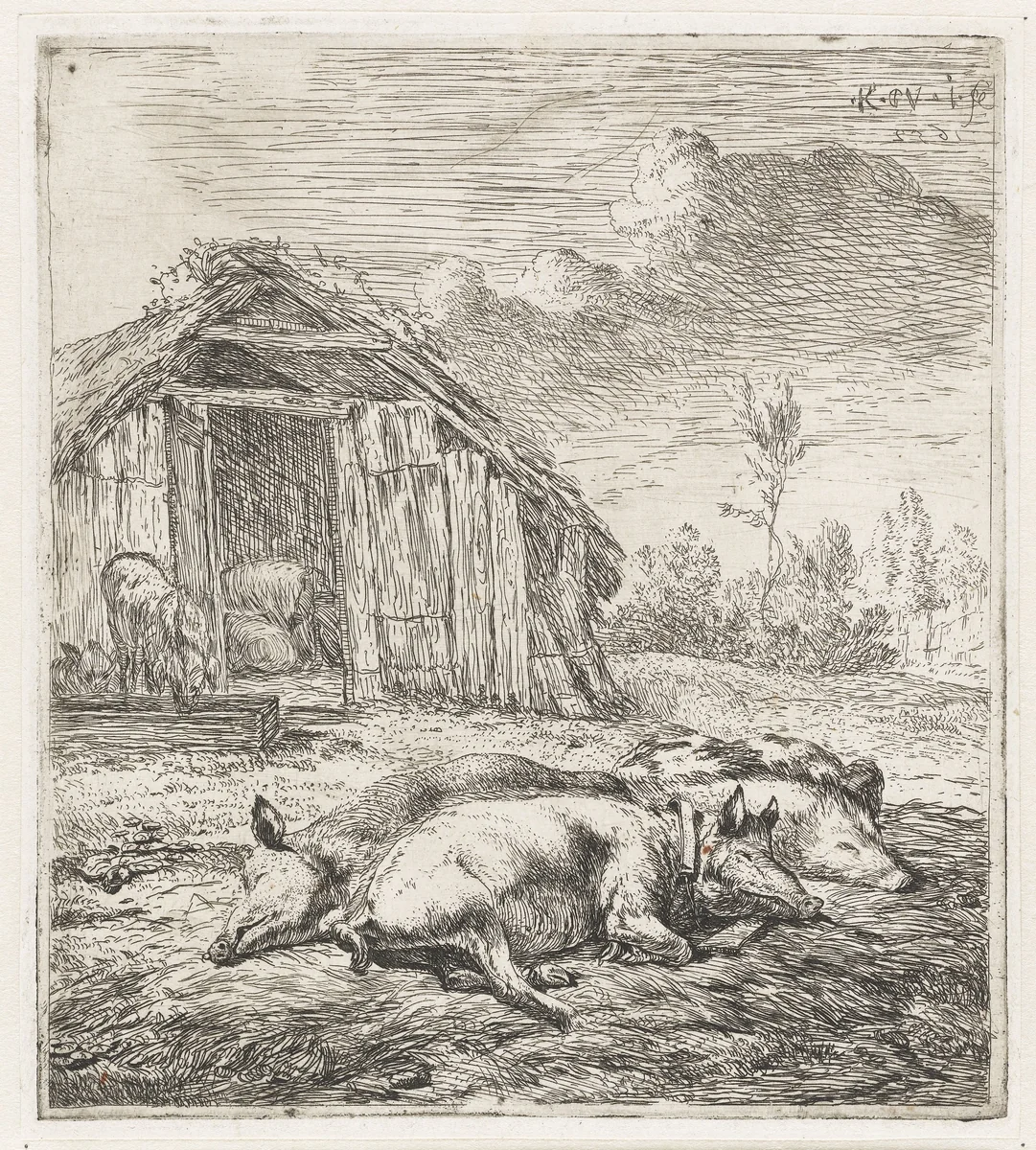 Drie varkens voor een hok by Karel du Jardin, print, 1652