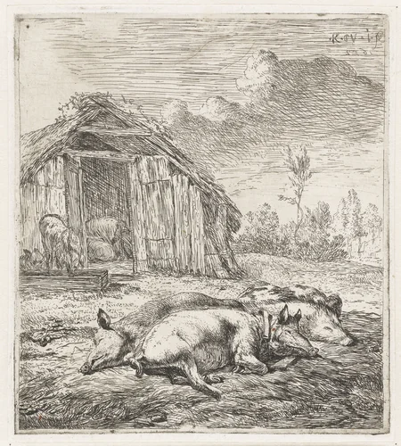 Drie varkens voor een hok by Karel du Jardin, print, 1652