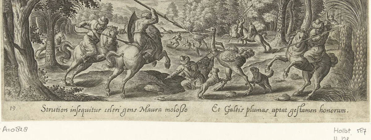 Jacht op struisvogels by Unknown, print, 1582-1633