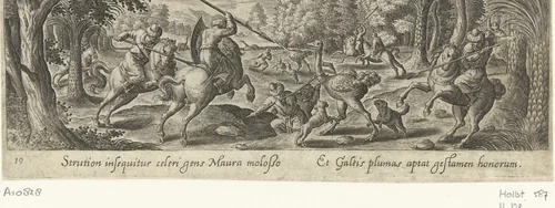 Jacht op struisvogels by Unknown, print, 1582-1633