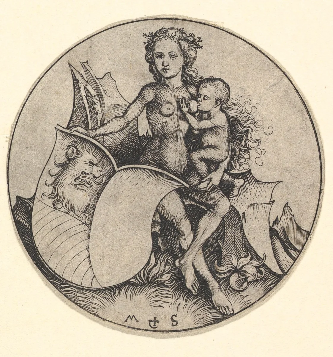 Wild Woman Holding a Shield with a Lion's Head by Martin Schongauer, print, 1470-1491