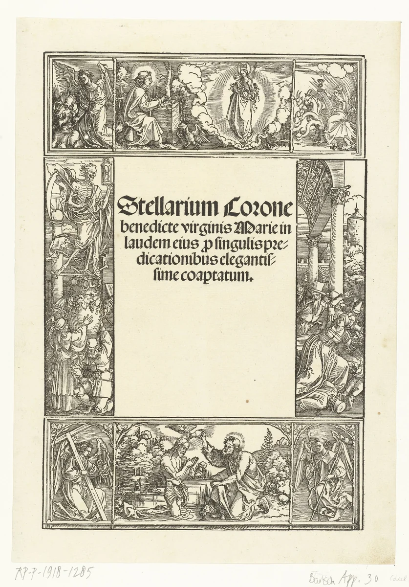 Titelblad met o.a. de doop van Christus en een visioen van Johannes de Evangelist by Unknown, print, 1500-1517