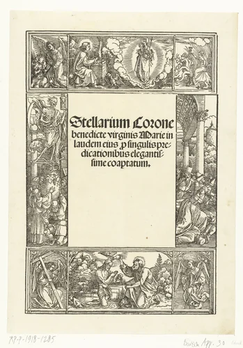 Titelblad met o.a. de doop van Christus en een visioen van Johannes de Evangelist by Unknown, print, 1500-1517