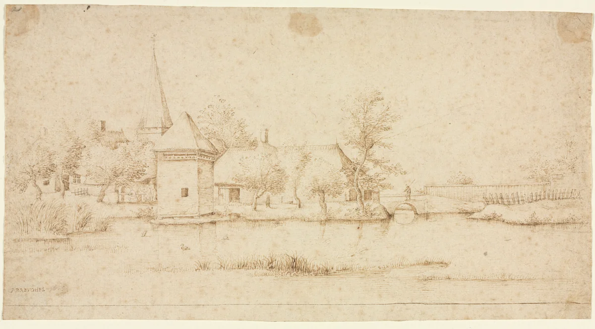 Landscape with a Moated Village by Master of the Small Landscapes, drawing, 1559-1561
