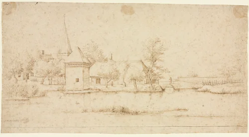 Landscape with a Moated Village by Master of the Small Landscapes, drawing, 1559-1561