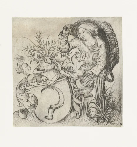 Boerenvrouw met een sikkel op haar wapenschild by Meester van het Amsterdamse Kabinet, print, 1473-1477