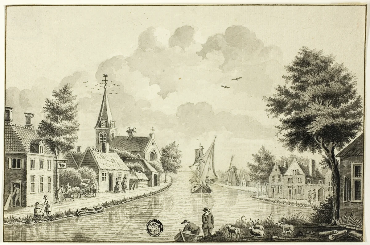 Old Dutch Town on Canal by Isaac van Ketweg, drawing, 1738-1800