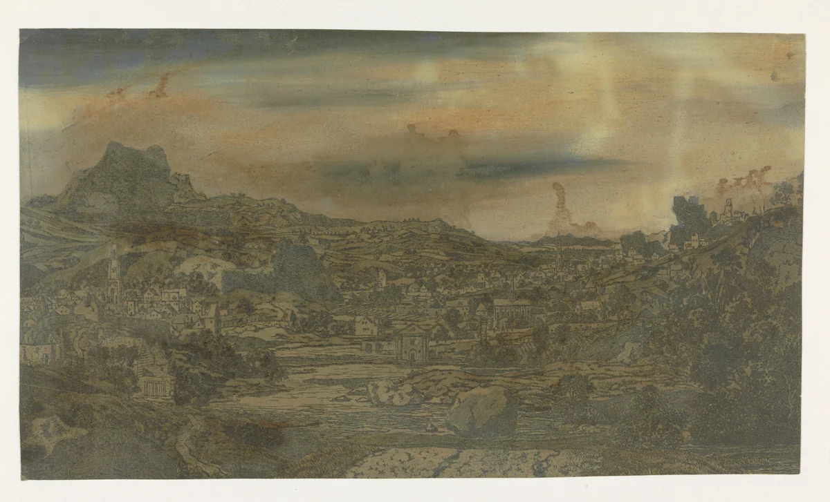 Vallei met een rivier en een stad met vier torens by Hercules Segers, print, 1626-1627