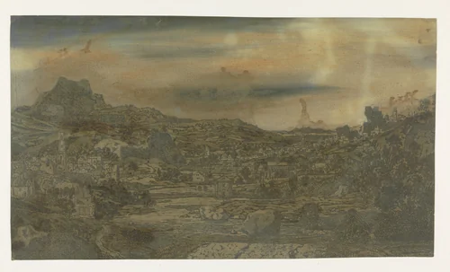 Vallei met een rivier en een stad met vier torens by Hercules Segers, print, 1626-1627