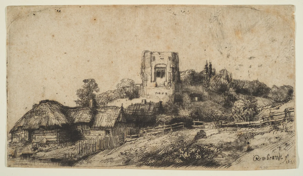 Landscape with a Square Tower by Rembrandt van Rijn, print, 1650