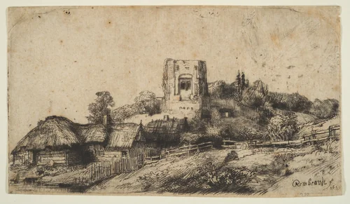 Landscape with a Square Tower by Rembrandt van Rijn, print, 1650