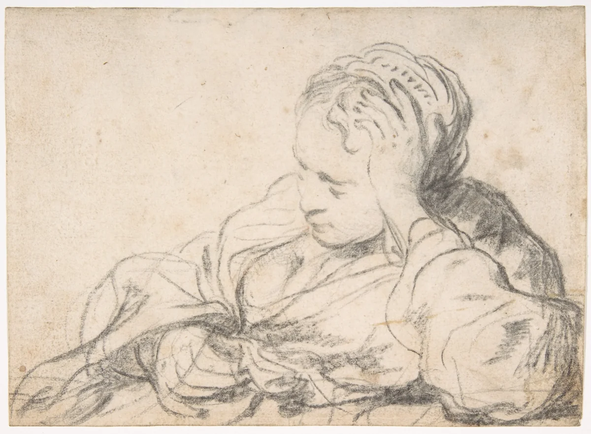 A Woman Asleep (recto); Landscape Composition with Well-Sweep (verso) by Govert Flinck, drawing, 1633-1636
