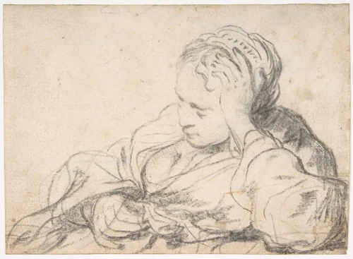 A Woman Asleep (recto); Landscape Composition with Well-Sweep (verso) by Govert Flinck, drawing, 1633-1636
