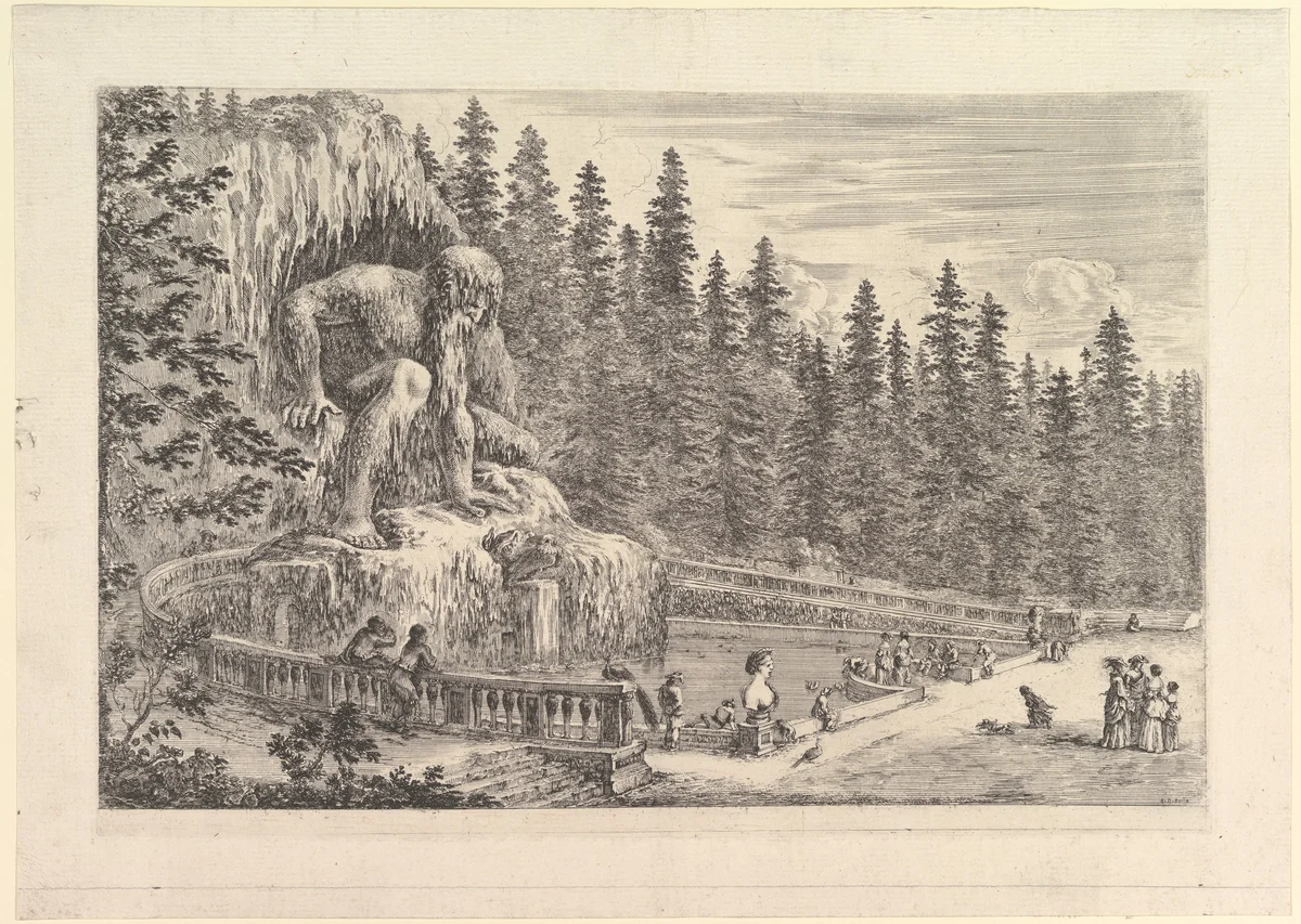 Colossal statue of the Appenino by Giambologna, from "Views of the villa at Pratolino" (Vues de la villa de Pratolino) by Stefano della Bella, print, 1648-1658