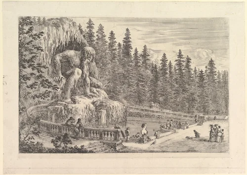 Colossal statue of the Appenino by Giambologna, from "Views of the villa at Pratolino" (Vues de la villa de Pratolino) by Stefano della Bella, print, 1648-1658