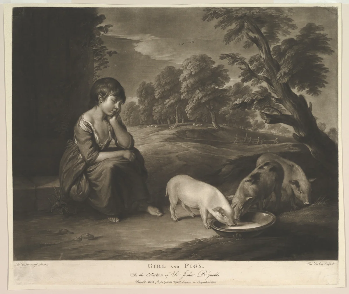 Girl and Pigs by Richard Earlom, print, 1783