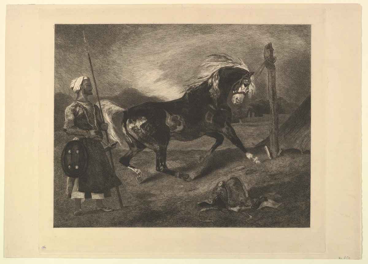 Cheval arabe au piquet, d'après Delacroix by Félix Bracquemond, print, 1857