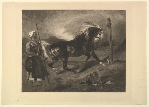 Cheval arabe au piquet, d'après Delacroix by Félix Bracquemond, print, 1857