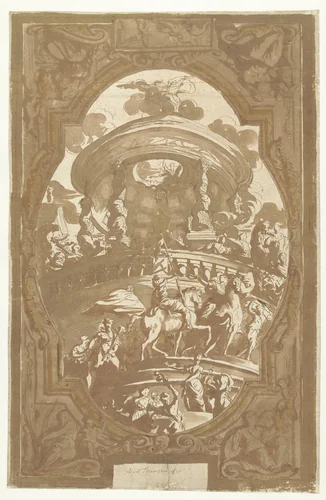 Ontwerp voor een plafondschildering met de Apotheose van een vorst by Augustinus Terwesten, drawing, 1659-1711