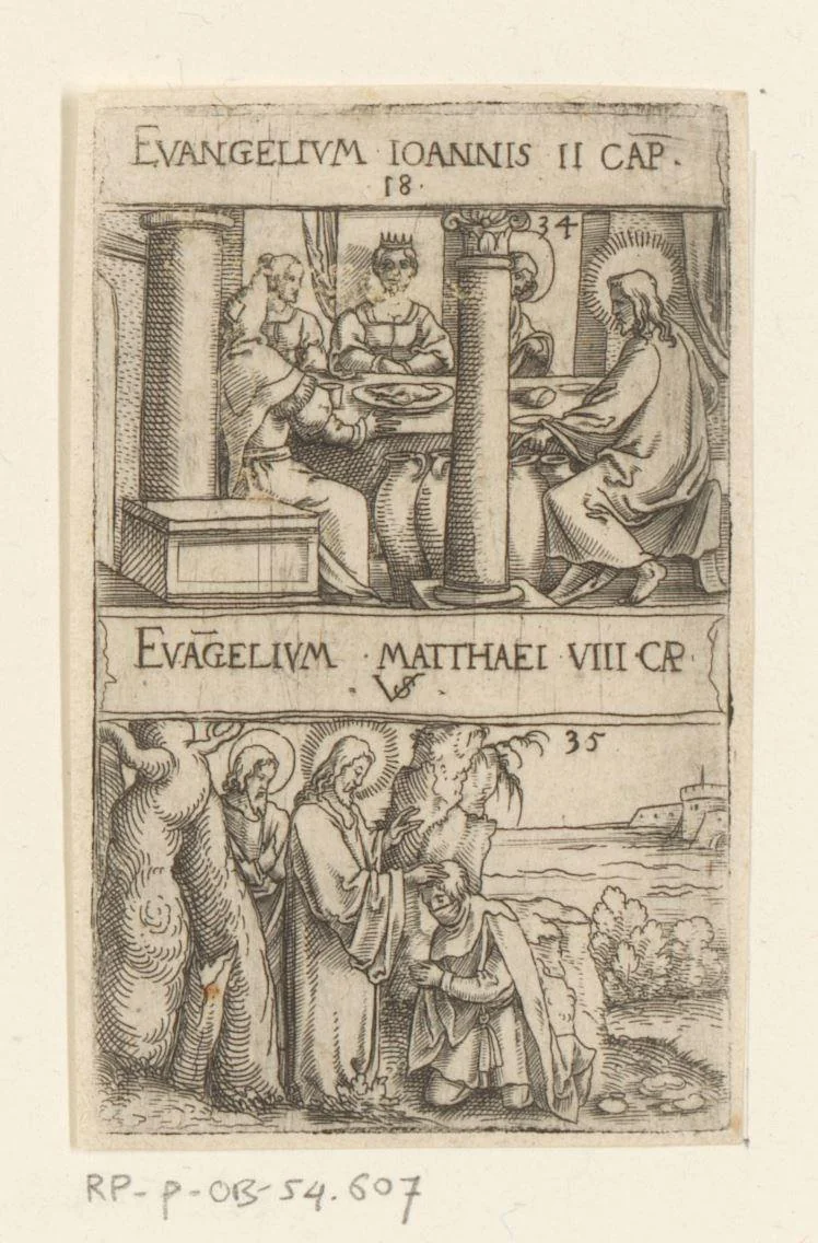 Bruiloft te Kana en genezing van een melaatse by Unknown, print, 1524-1562