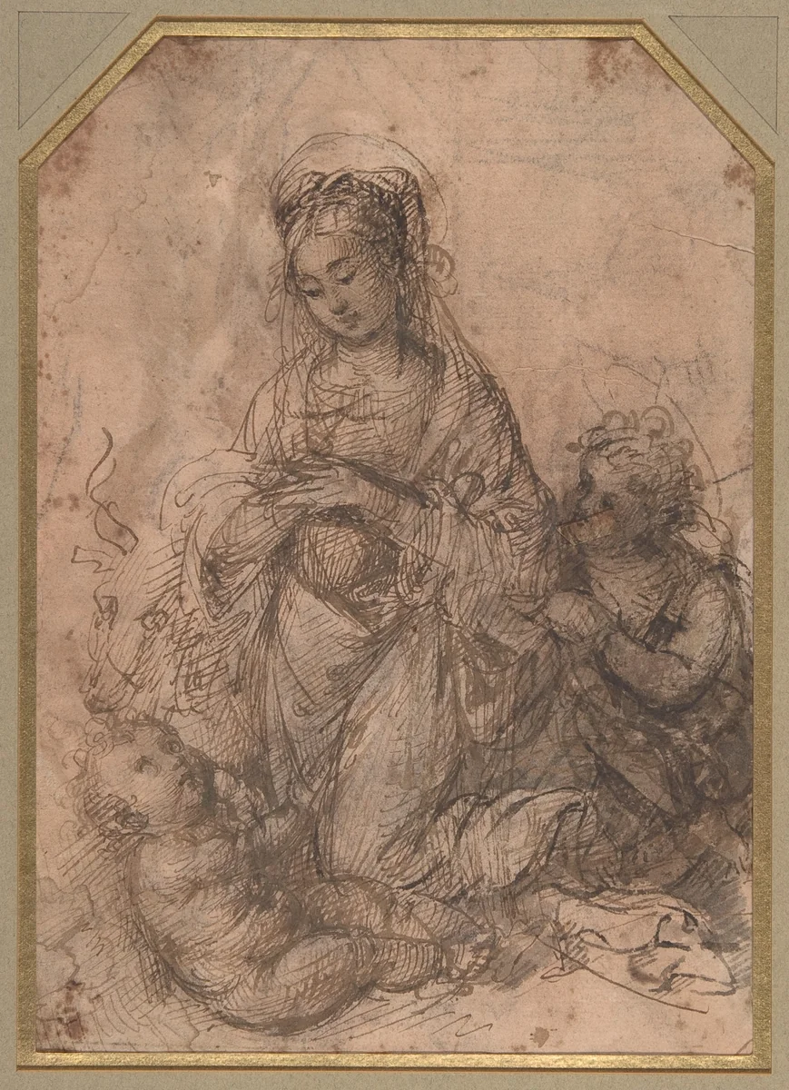 Virgin Adoring the Christ Child with Saint John the Baptist (recto); The Holy Family with Saint John the Baptist (verso) by Agnolo del Mazziere, drawing, 1495-1520
