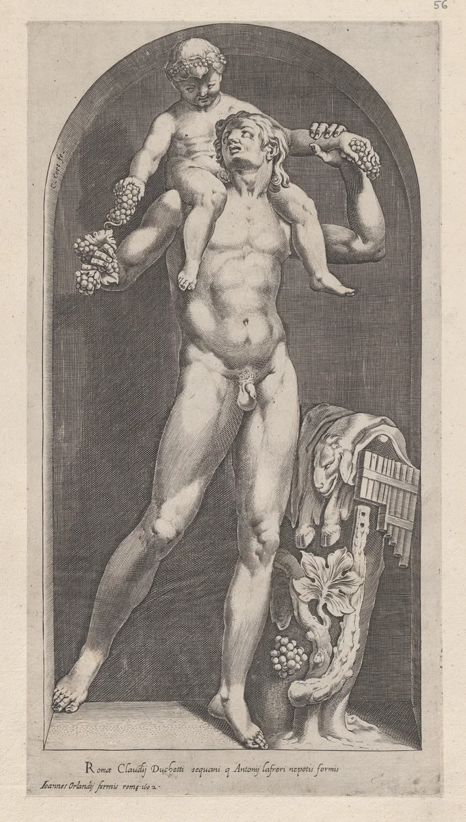 Bacchus on the Shoulders of a Satyr, from "Speculum Romanae Magnificentiae" by Cornelis Cort, print, 1530-1580