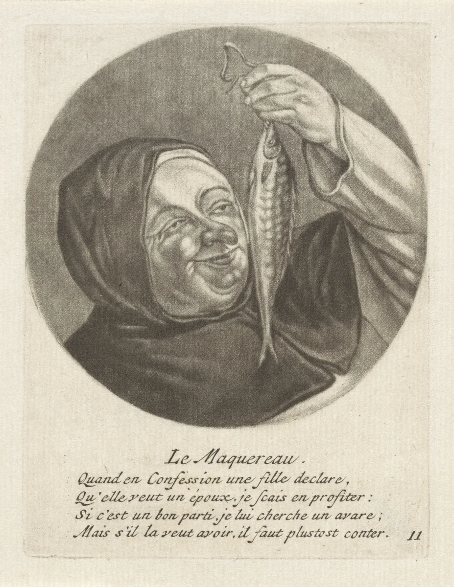 Monnik met een makreel by Jacob Gole, print, 1670-1724
