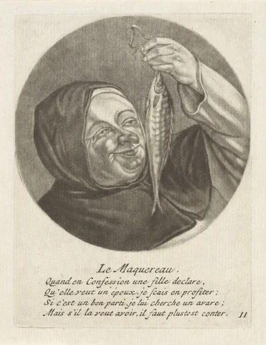 Monnik met een makreel by Jacob Gole, print, 1670-1724