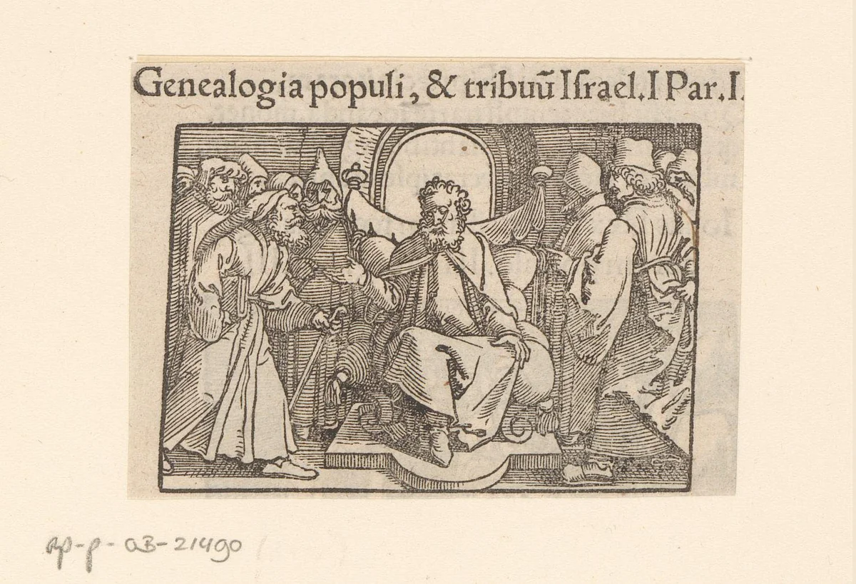 Man op een troon sprekend tot een groep mannen by anonymous, print, 1530-1533