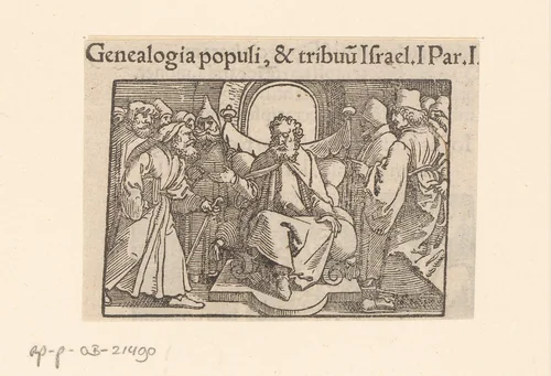 Man op een troon sprekend tot een groep mannen by anonymous, print, 1530-1533