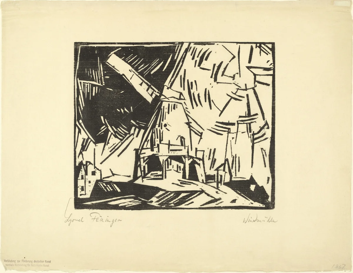 Windmill (Windmühle) from the annual portfolio of the Alliance for the Advancement of German Art (Verbindung zur Förderung deutscher Kunst) by Lyonel Feininger, print, 1919