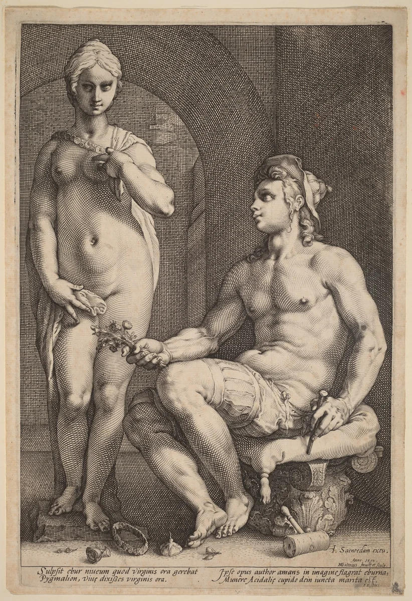 Pygmalion and Galatea by Hendrick Goltzius; Jan Pietersz Saenredam, print, 1593