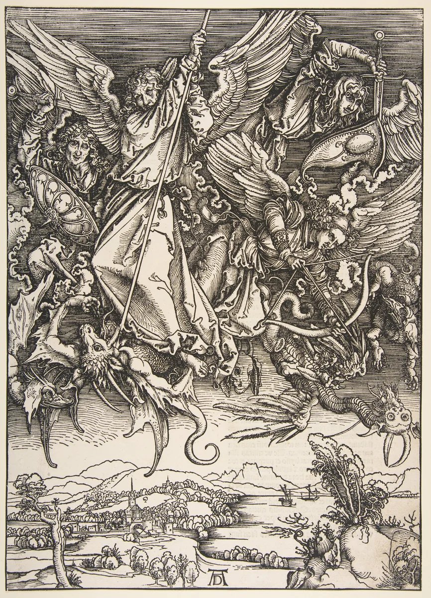 Saint Michael Fighting the Dragon, from "The Apocalypse" by Albrecht Dürer, print, 1498