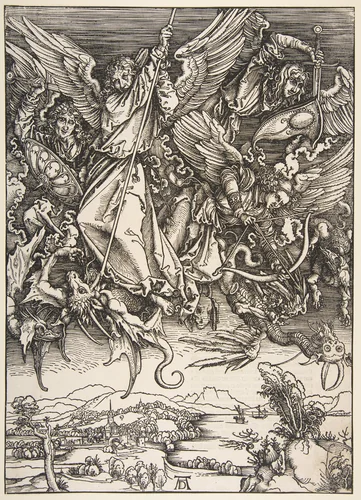 Saint Michael Fighting the Dragon, from "The Apocalypse" by Albrecht Dürer, print, 1498