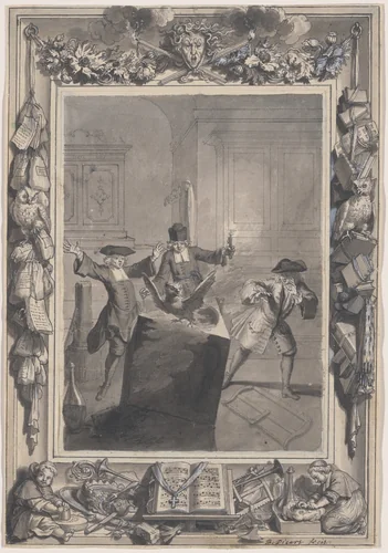 Le Lutrin: A Night Scene with Boirude, Brontin, and L'Amour Surprised by an Owl Flying Out of a Lectern by Bernard Picart, drawing, 1713-1723