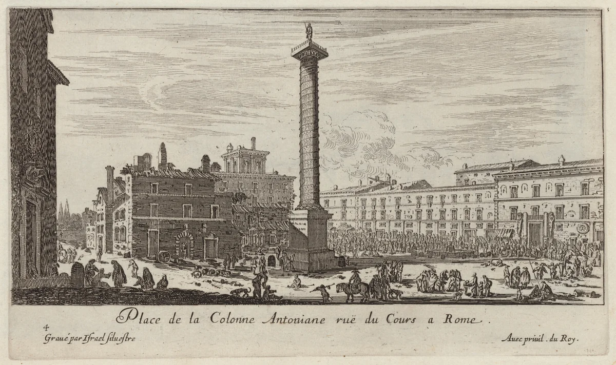 Place de la Colonne Antoniane ruë du Cours a Rome by Israël Silvestre, print, 1640-1660