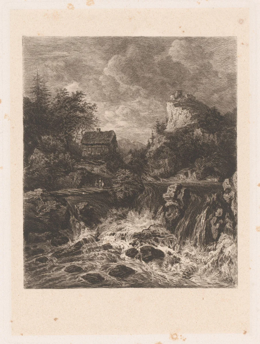 Landschap met een waterval by William Unger, print, 1847-1889