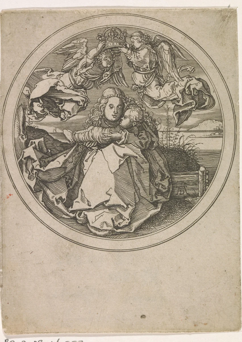 Maria door twee engelen gekroond by Michiel le Blon, print, 1597-1656