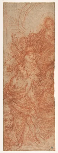 The Virgin Appearing to Saint Jerome (recto); Head of a Young Woman with Braided Hair by Flaminio Torre, drawing, 1621-1661