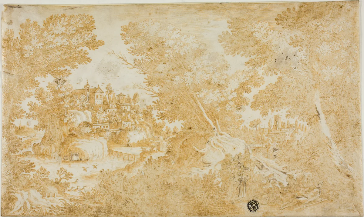 Men and Women Resting in Wooded Landscape with River, Villas, Church by Hendrik Hondius, drawing, 1600-1699